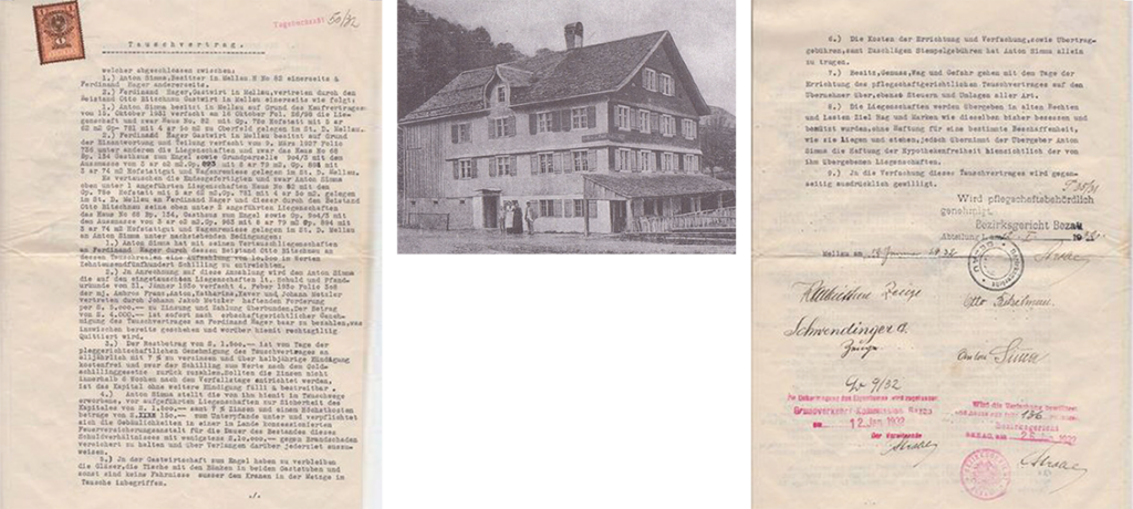 1932 purchase of the hotel Engel 

Contract of sale from 1932

The Engel was bought in 1932 by Anton and Katharina Simma, the great-grand parents of the current owner Walter Rogelböck. In the foreground one can see the bowling alley of the past.