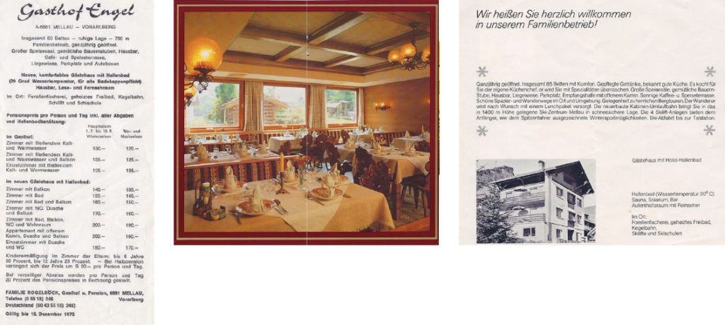 Die 1970er Jahre

Hier sehen Sie Preislisten aus dem Jahr 1972. Auf dem mittleren Bild unsere rustikale Bauernstube.