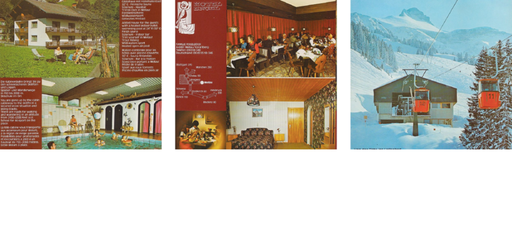In the 1970s the hotel leaflets started to be more colourful, showing people in typical holiday situations. Additionally to that, the touristic infrastructure was continuously modernized. In 1973 the skiing resort opened, offering cable cars, which took skiers into the mountain resorts.