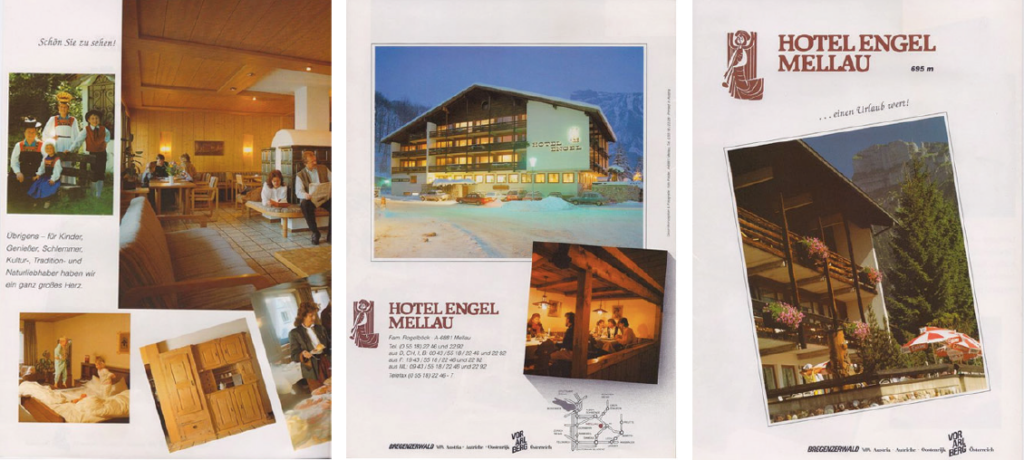 Die 1990er Jahre

Digitale Drucktechniken nahmen Einfluss auf die Hotelprospekte. Auch der Prospekt im Hotel Engel blieb davon nicht verschont. Das Format wurde grösser und noch mehr Bilder sollten Urlaubsemotionen erwecken.